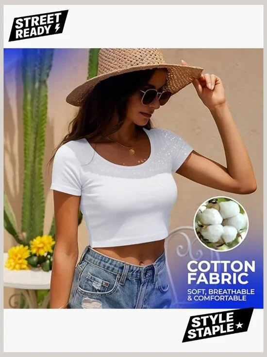 Slim Fit Scoop Neck Crop Top, Soft Cotton Blend, Casual Summer Tee - Picture 6 of 7